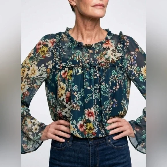 Anthropologie Navy Floral Ruffle Yoke Blouse - Picture 4 of 4